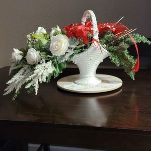 Glass/porcelain white basket, with faux frosted creamish white roses & greenery